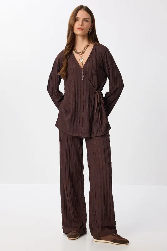 Textured Double Breasted Long Sleeve Two-Piece Set