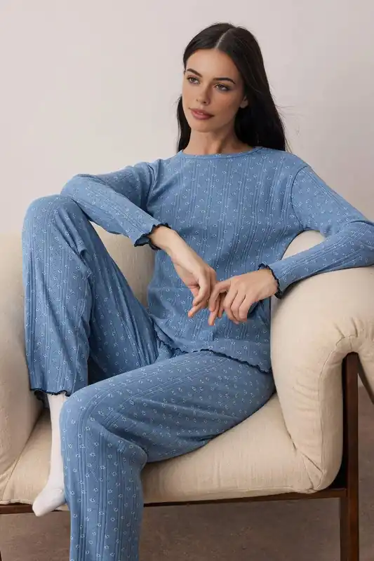Pointelle Knit Round Neck Long Sleeve Cotton Ribbed Pyjama Set - WOVCOR