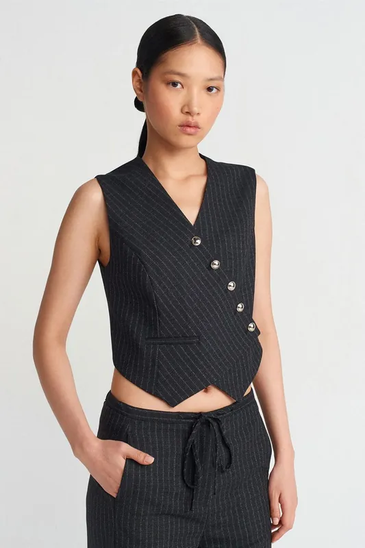 Striped Crop Waistcoat With Button Front - Dilvin
