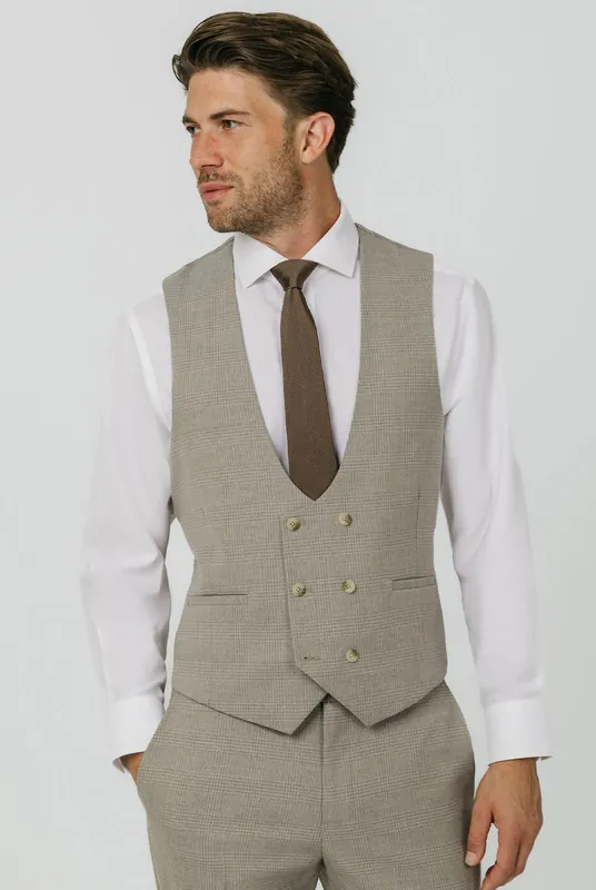 Natural Check Double Breasted Waistcoat - Dobell