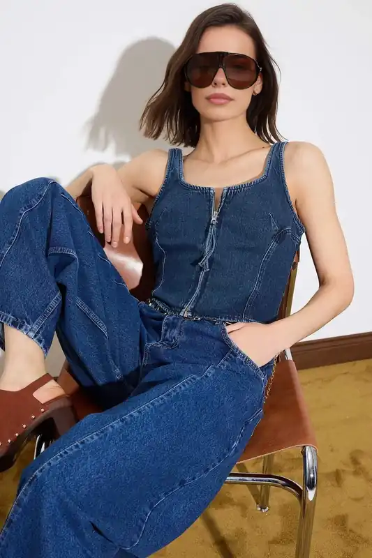 Limited Edition Strappy Crop 100% Cotton Denim Blouse - WOVCOR
