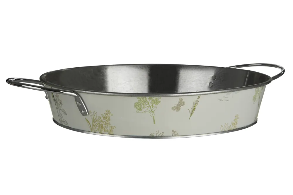 Green Serving Tray, Galvanised Steel with Butterfly and Floral Motif, Wide Handles for Easy Carrying - Orsina