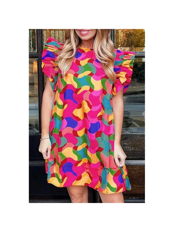 Rose Red Abstract Print Ruffle Sleeve Shift Dress Mini - Azura Exchange