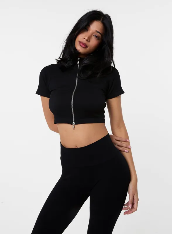 Double Zip Short Sleeve Rib Top - Pink Vanilla