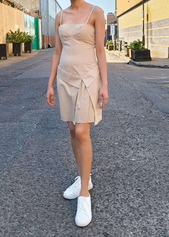 Beige Tall Woven Pleated Detail Mini Dress - Gini London