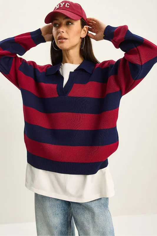 Striped V-Neck Long Sleeve Pullover Sweater