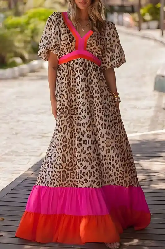 Bright Pink Leopard Colorblock Patchwork Bubble Sleeve Maxi Dress - Everyday The Label