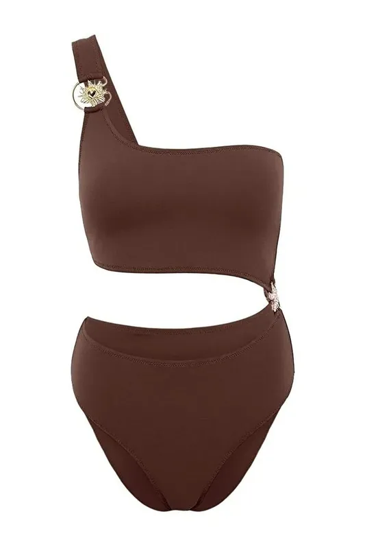 Asymmetric Cut Out One Shoulder Swimsuit with Hardware Detail - WOVCOR