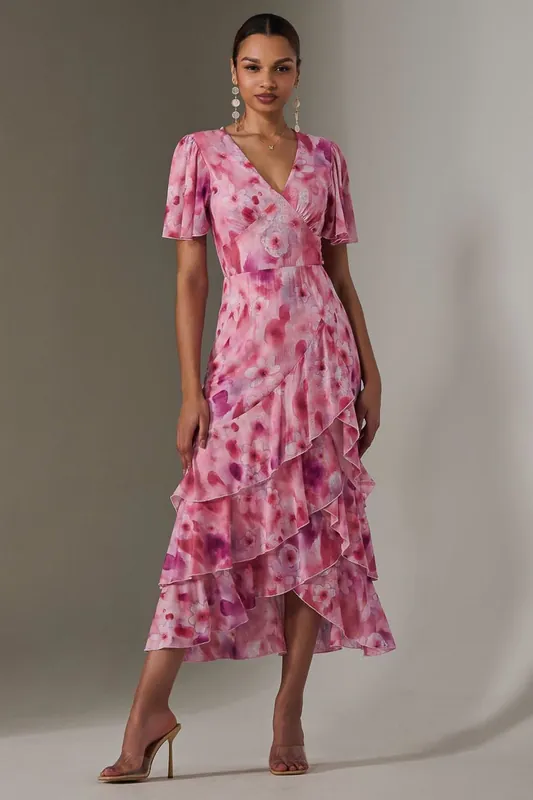 Mesh Print Frill Hem Midaxi Dress - Jolie Moi