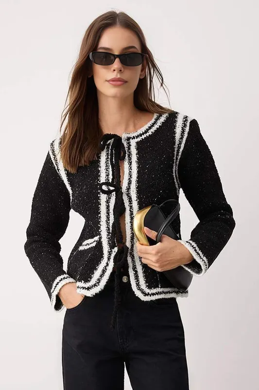 Contrast Trim Glitter Knit Cardigan - WOVCOR