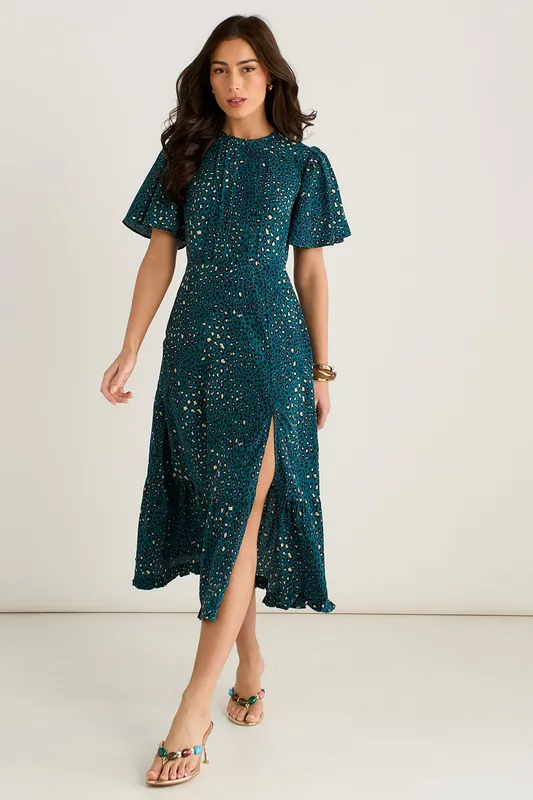Green Animal Print Smock Oversized Tiered Midi Dress - Gini London