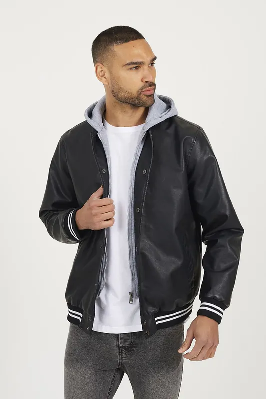 Jersey Hooded Varsity Style PU Jacket - Brave Soul
