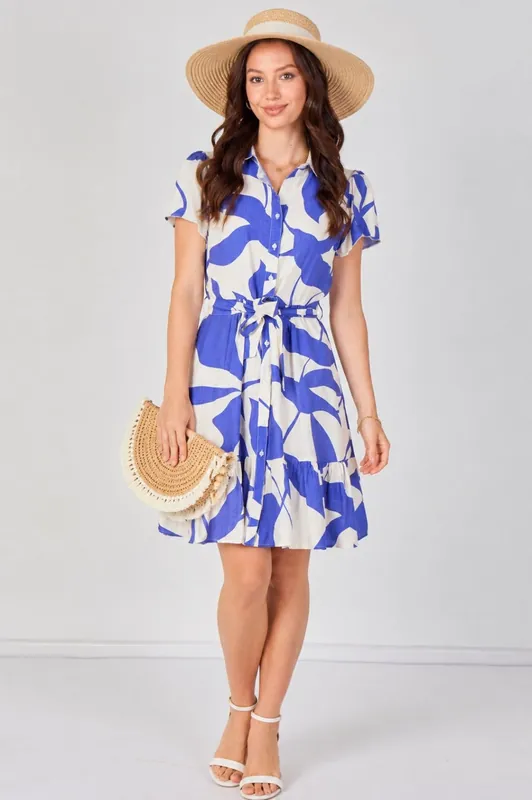 Blue Abstract Print Short Sleeve Shirt Dress - Love Sunshine