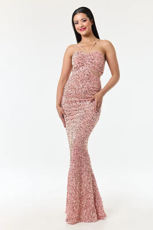 Rose Pink Bandeau Sequin Maxi Dress - LuvForever Fashion