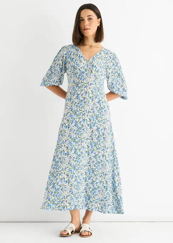 Blue Floral Print Viscose Midi Dress - Gini London