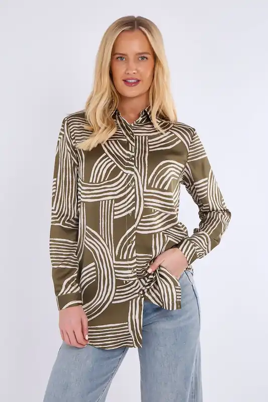 Geometric Print Bubble Satin Shirt - Love Sunshine
