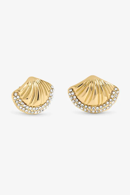 Gold Plated and Pave Shell Stud Earrings - Mood