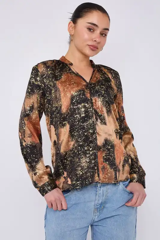 Brown Abstract Print Gold Foil Splash Print Blouse - Love Sunshine