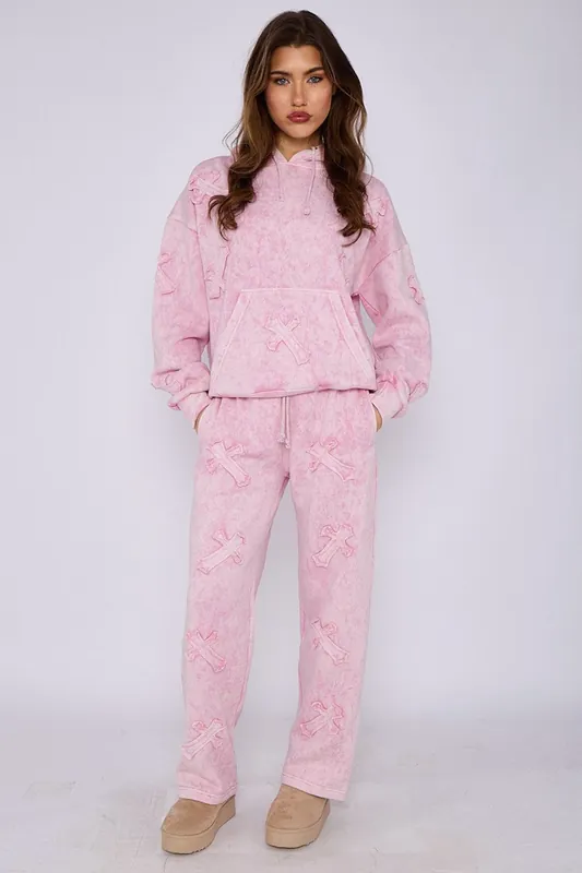 Crucifix Embroidered Acid Wash Fleece Oversized Co-ord