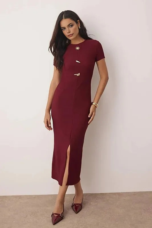 Textured Knit Midi Dress with Side Slit and Button Detail - WOVCOR