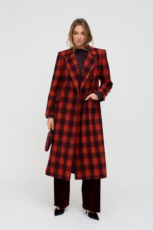 Tamara Double Breasted Check Print Coat In Red - Lily and Lionel
