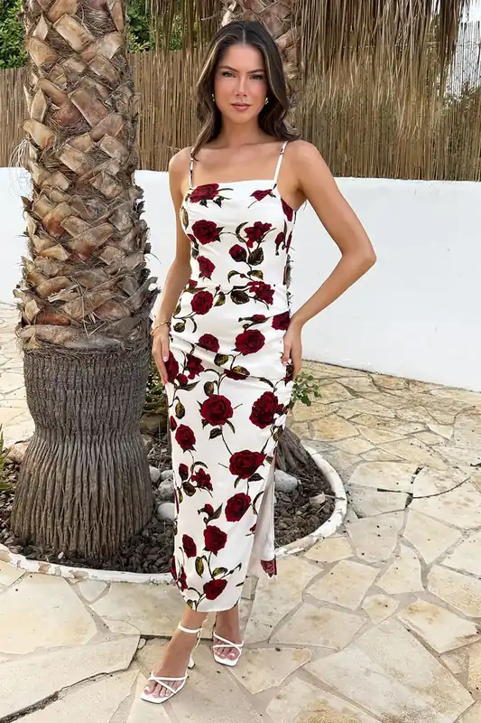 Cream Rose Printed Ruched Side Strappy Midi Dress - AX Paris