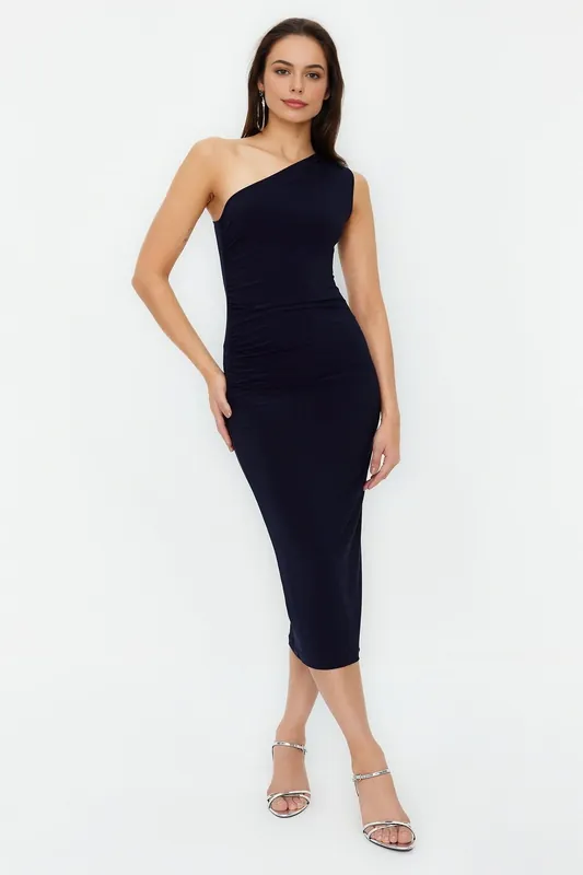 One-Shoulder Draped Midi Dress