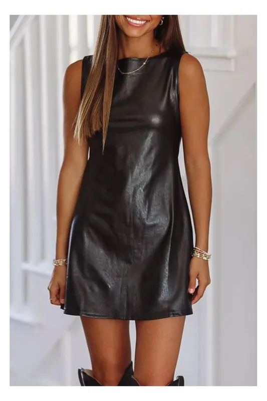 Black Vegan Leather Sleeveless Mini Dress - Everyday The Label