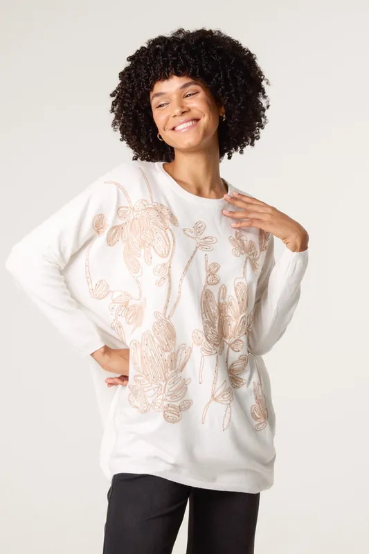 White Embroidered Round Neck Jumper - Blue Vanilla