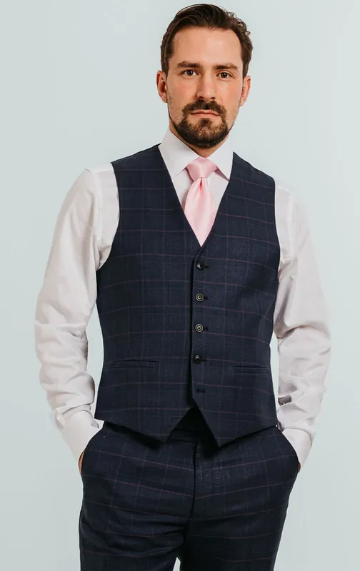 Navy with Pink Check Waistcoat - Dobell