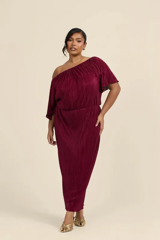 Curve Plisse Drop Shoulder Midaxi Dress In Burgundy - FASHION-SZN