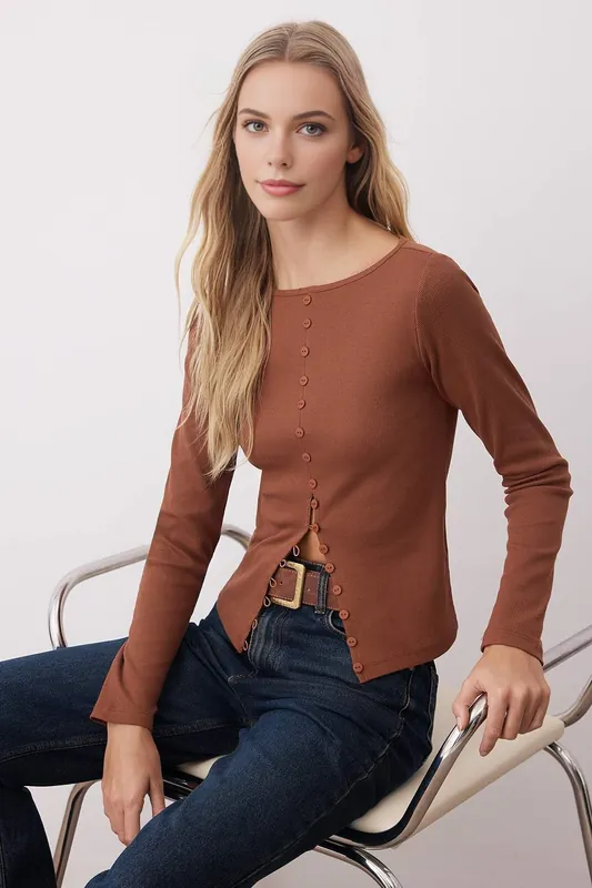 Ribbed Long Sleeve Button Front Knit Jumper with Asymmetric Hem - WOVCOR