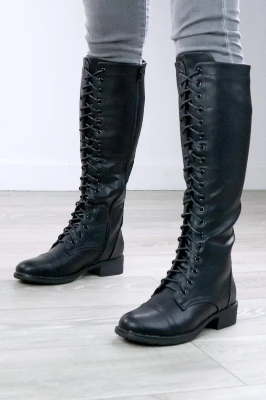 Biker Lace Up Military Combat Style Knee High Boots - AJVANI