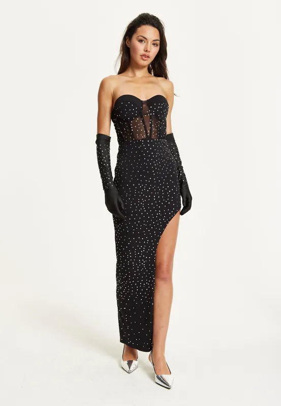 Black Strapless Embellished Gown - Liquorish