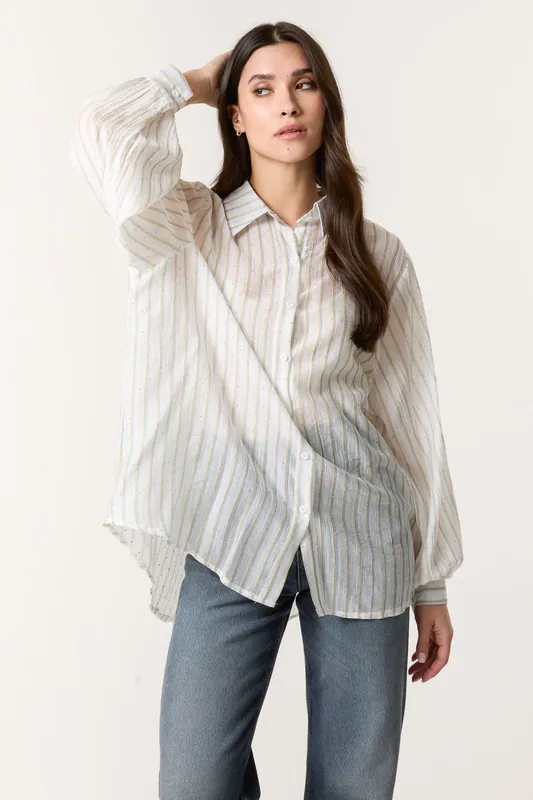 Blue Diamante Detailed Shirt With Vertical Stripes - Blue Vanilla
