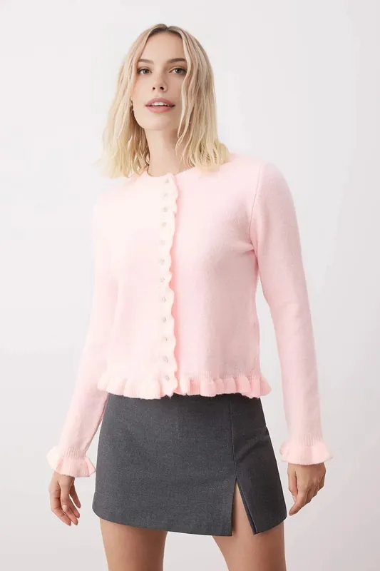 Textured Knit Ruffle Hem Cardigan – Button Closure - WOVCOR