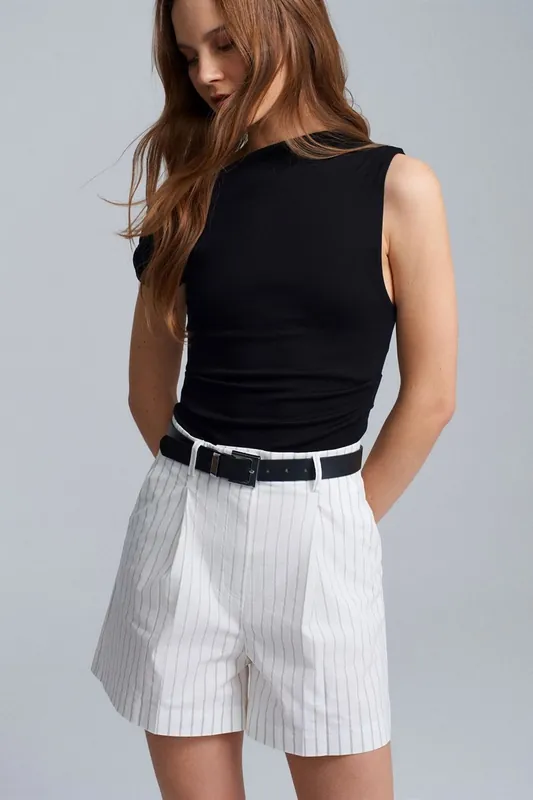 Women's High-Waist Striped Belted Shorts