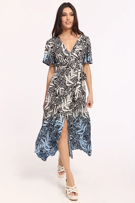 Blue Abstract Tropical Print Wrap Midi Dress - Liquorish