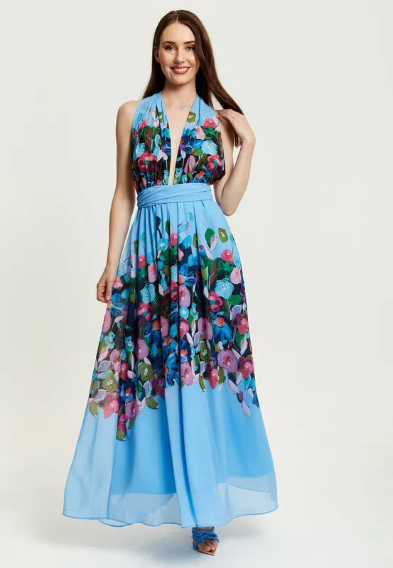 Floral Print Deep V Neck Multiway Maxi Dress in Blue - Liquorish