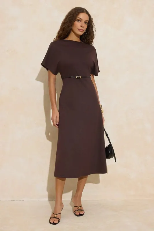 Belted Batwing Sleeve Boat Neck Midi Dress - WOVCOR