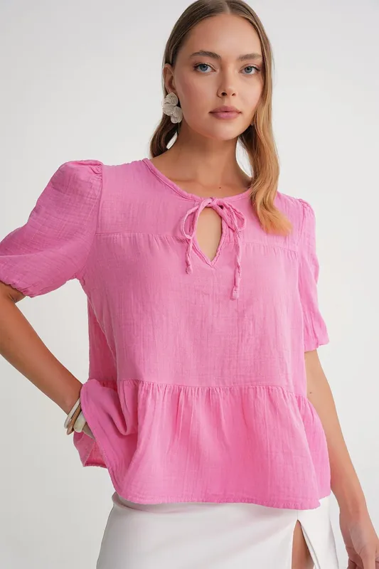 Textured Muslin Crew Neck Blouse with Binding Detail - MixRay