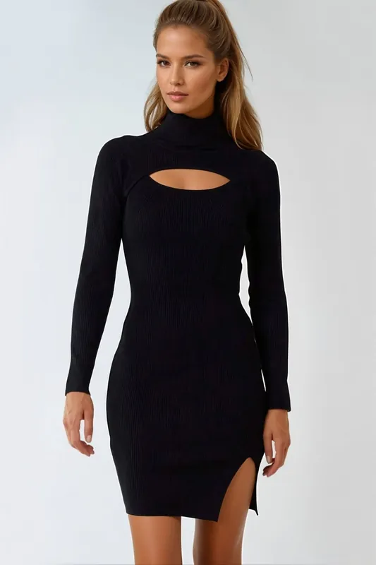 Ribbed Cut Out Roll Neck Dress - Aftershock London