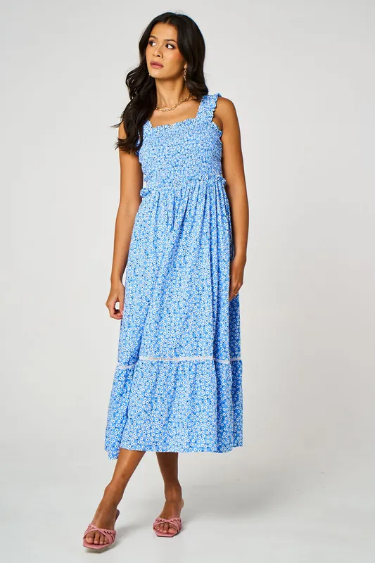 Little Floral Print Hem Detail Maxi Dress In Blue - FS Collection