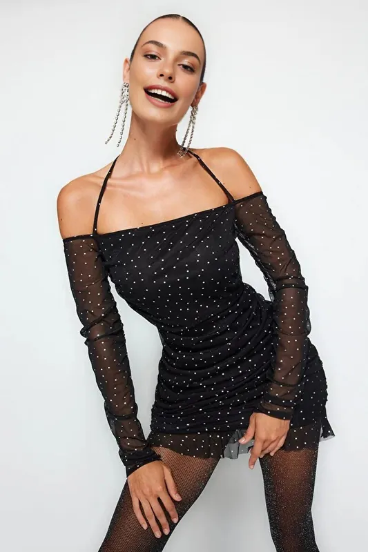 Polka Dot Mesh Ruched Mini Evening Dress with Lining - WOVCOR