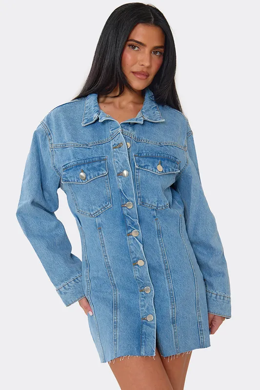 Long Sleeve Button Denim Mini Dress - EGO