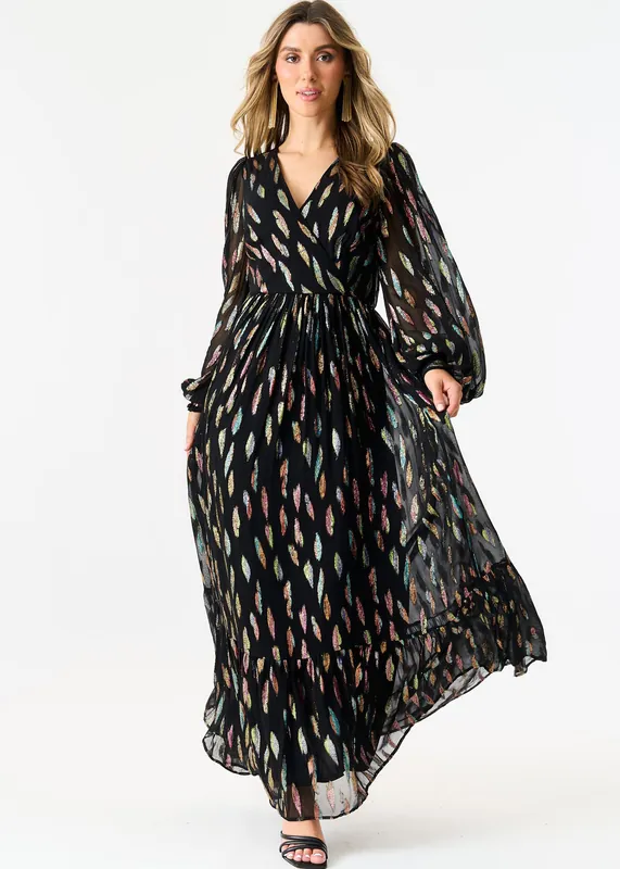 Black Metallic Print Full Sleeve Maxi Dress - Gini London