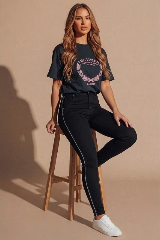 Black Satin with Lace Trim Midi Jeans- Celestra
