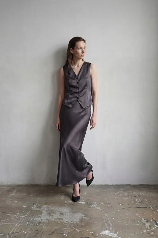 V-Neck Vest & Maxi Skirt Satin Two-Piece Set
