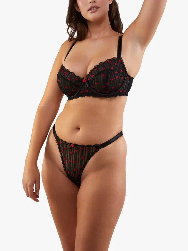 Elodie Black And Red Rosebud Embroidery Thong - Playful Promises