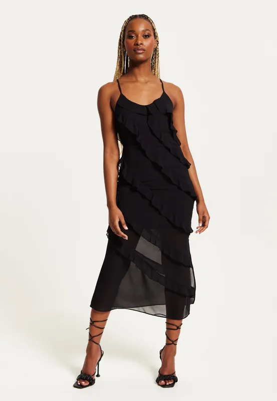 Diagonal Frill Strap Midi Dress In Black - Liquorish